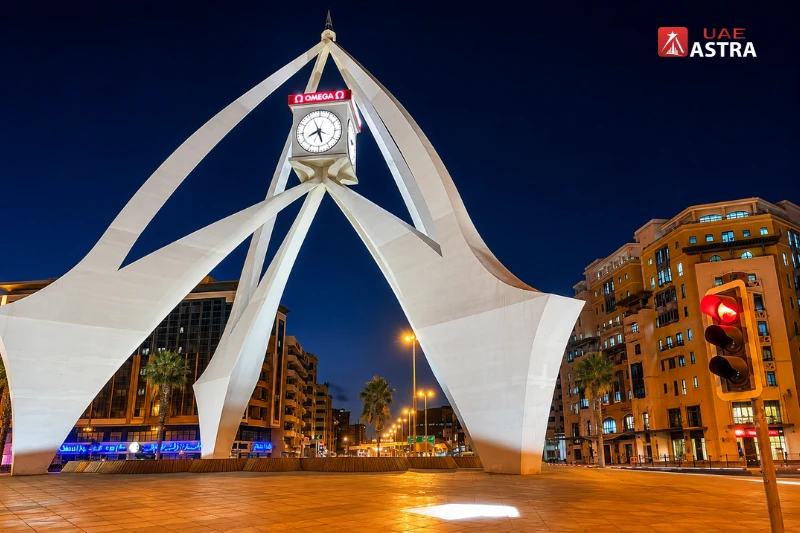 Clock Tower Roundabout illuminated at night with modern architectural lighting in Deira Dubai