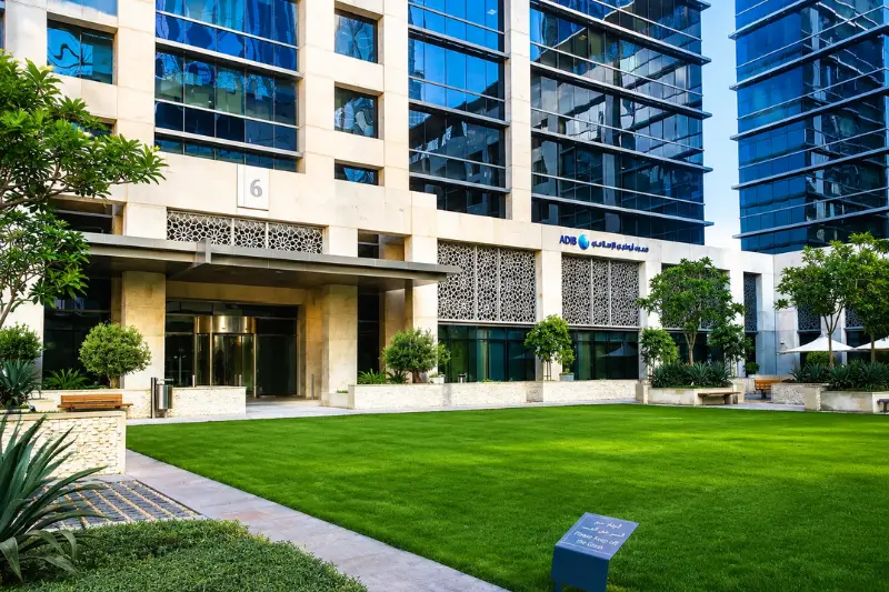 Emaar Square Building 4 entrance with landscaped courtyard and modern Grade A office spaces in Downtown Dubai