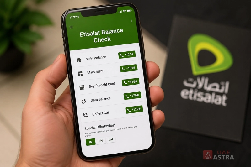 Etisalat Balance Check app showing main balance and data balance options