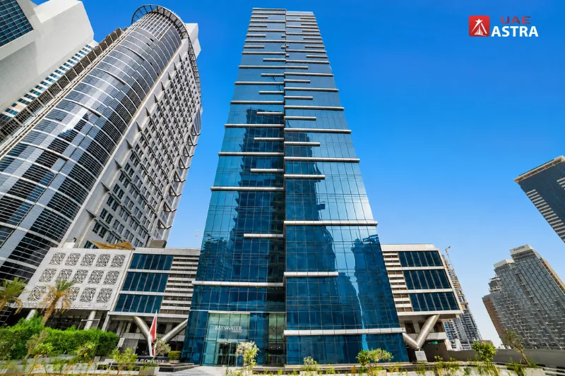 Front view of Bayswater Tower Business Bay, a Grade A commercial office building in Dubai's Business Bay district