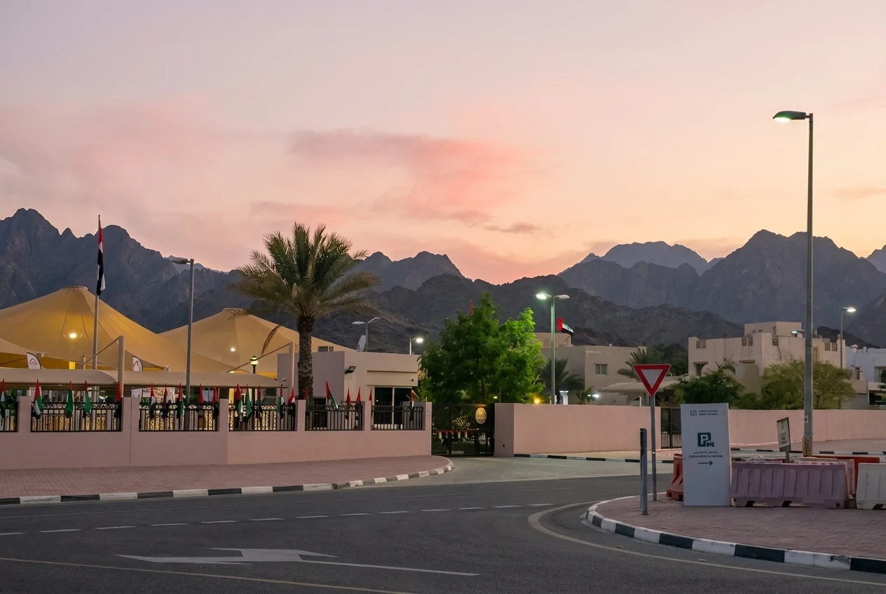 Hatta town at sunset with the Hajar Mountains viewed near Hatta Hill Park