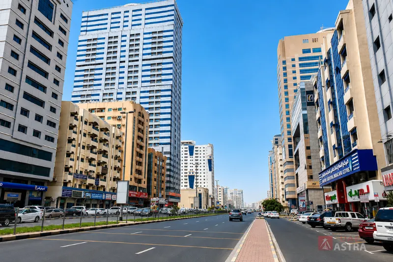 High-rise apartment and commercial buildings along King Faisal Street in Al Qasimia Sharjah
