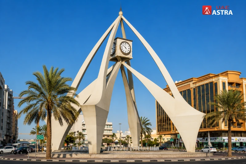 Historic Clock Tower Roundabout in Deira Dubai surrounded by palm trees and city streets