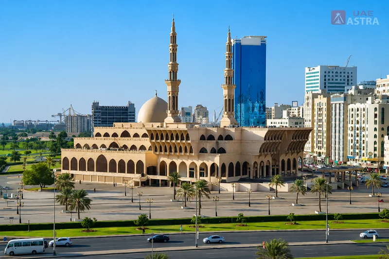 King Faisal Mosque in Al Qasimia Sharjah surrounded by modern buildings and landscaped roads
