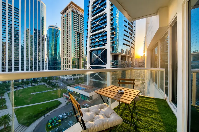 Lake Terrace Tower Dubai balcony with skyline and city views
