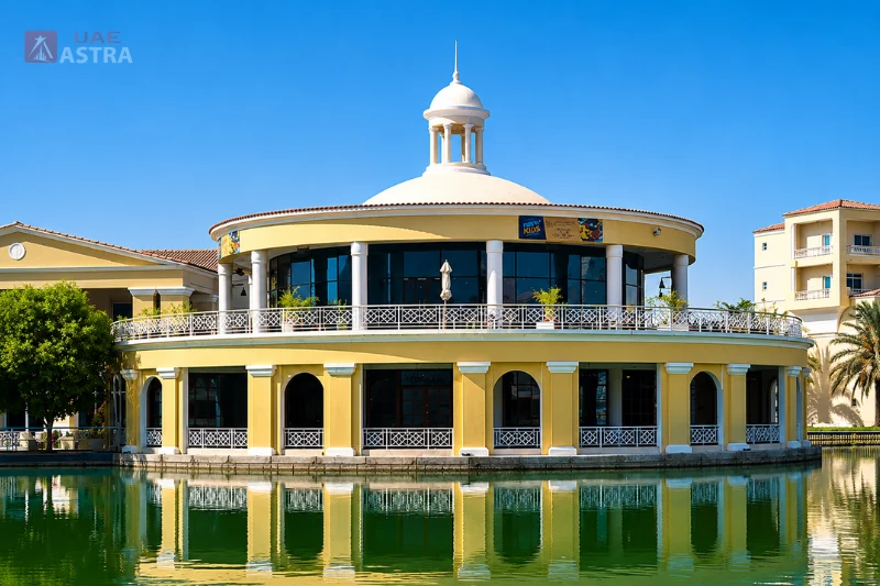 Lakeside community clubhouse in Green Community West Dubai with scenic waterfront views