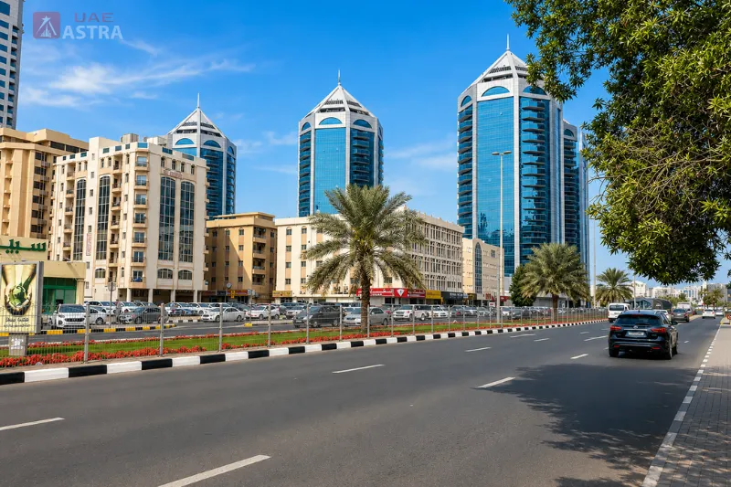 Modern apartment buildings and commercial towers along a main road in Al Qasimia Sharjah