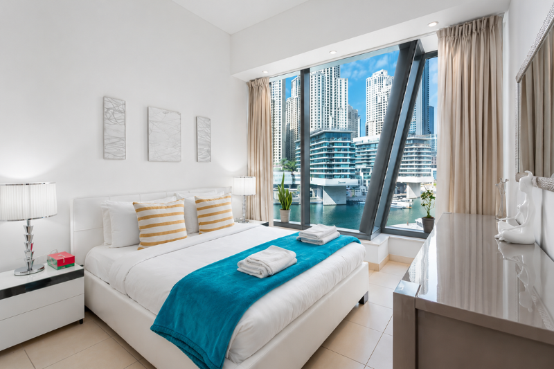 Modern bedroom with marina view at Silverene Towers