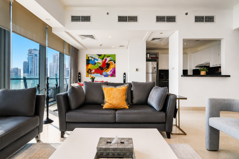 Modern living room inside a Silverene Towers apartment