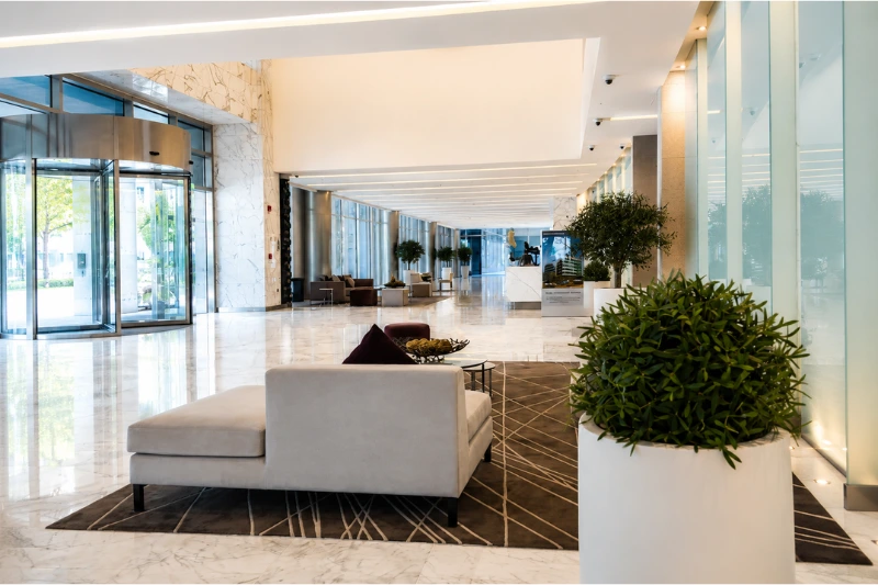 Modern lobby inside Emaar Square Building 4 with spacious seating area and premium office interiors