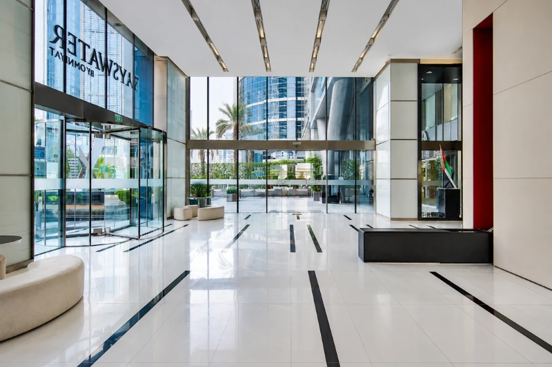 Modern reception lobby inside Bayswater Tower Business Bay with spacious entrance and professional office interiors