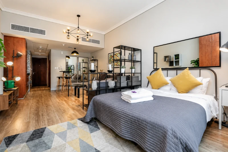 Modern studio apartment interior at Lake Terrace Tower Dubai