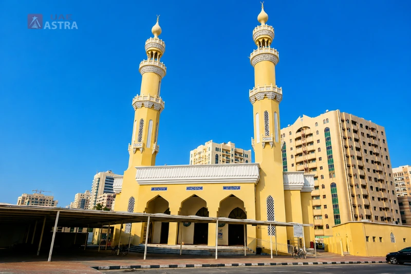 Mosque in Abu Shagara Sharjah surrounded by residential apartment buildings and everyday community facilities