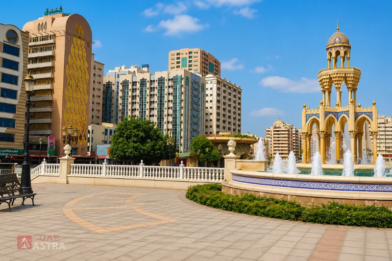 Ornate fountain and historic architecture at Rolla Square Park, Sharjah