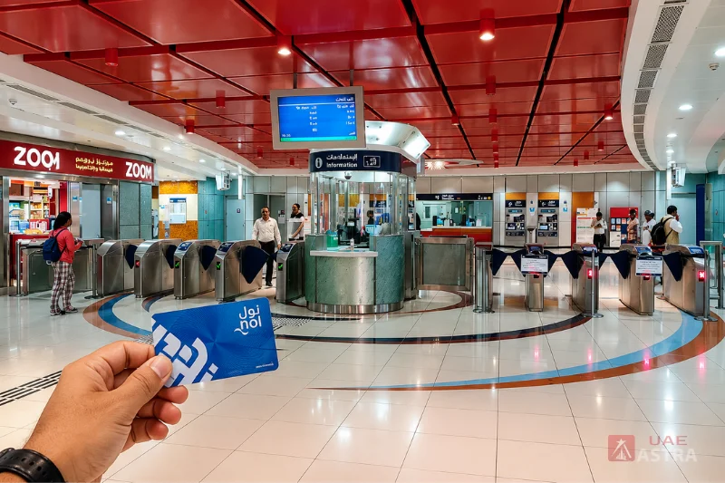 Passenger holding a nol Card inside Salah Al Din Metro Station ticket gate area