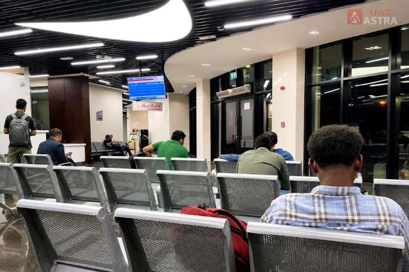 Passengers waiting in the seating area at Fujairah Bus Station before boarding the RTA E700 intercity bus