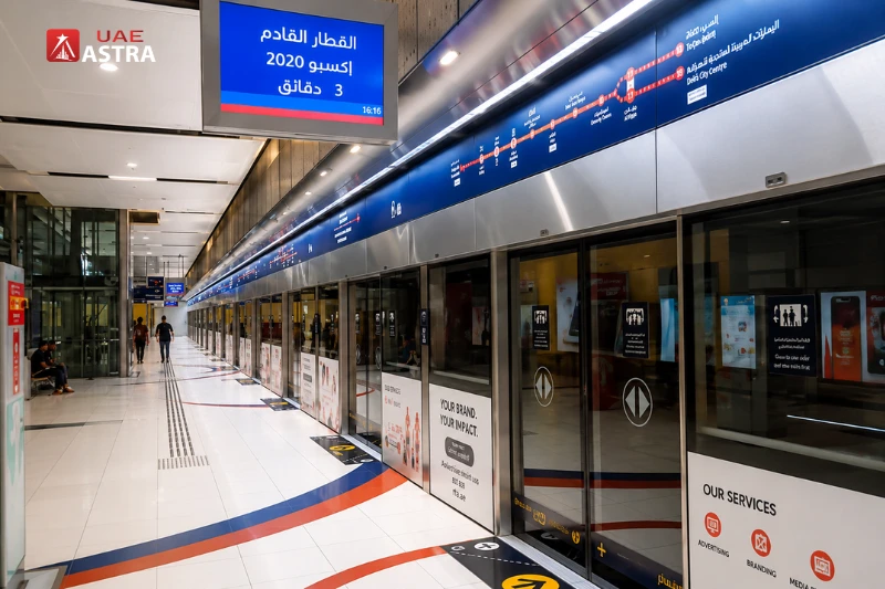 Platform area at Al Rigga Metro Station with nearby restaurants and dining options in Deira, Dubai