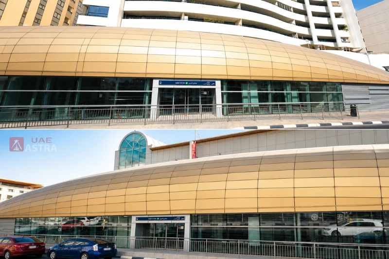 Salah Al Din Metro Station 1 and 2 entrance with roadside access and surrounding buildings in Deira, Dubai