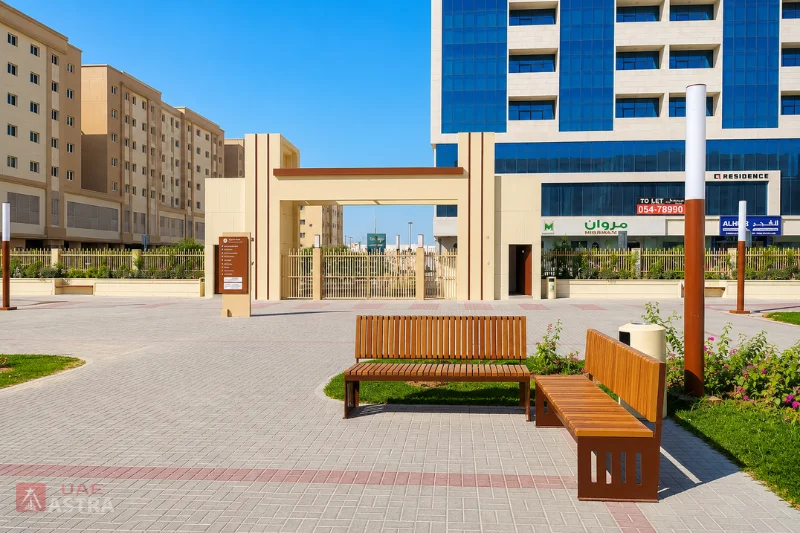 Seating area and landscaped walkway inside Muwaileh Park, Sharjah