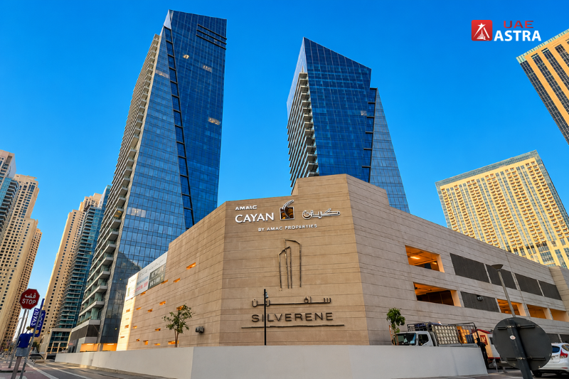 Silverene Towers entrance and podium in Dubai Marina