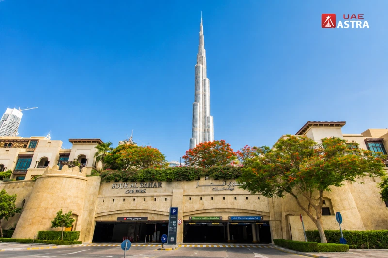 Souk Al Bahar parking entrance with Burj Khalifa in the background, located in Downtown Dubai