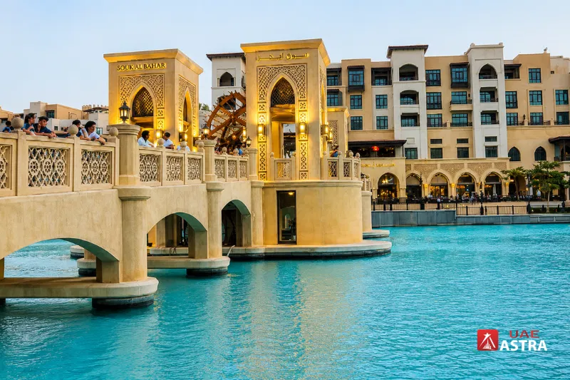 Souk Al Bahar waterfront entrance with traditional Arabian architecture in Downtown Dubai