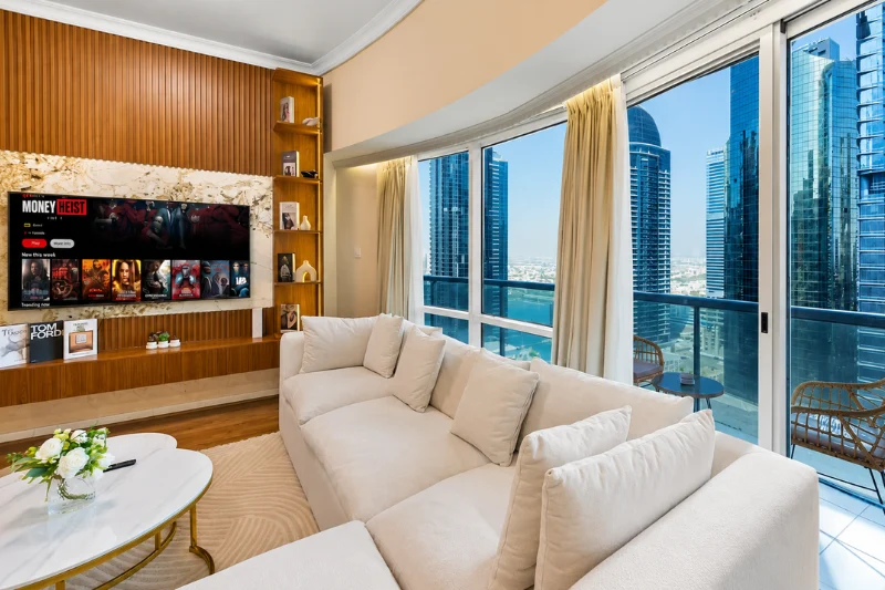 Spacious Lake Terrace Tower Dubai living room with panoramic skyline views