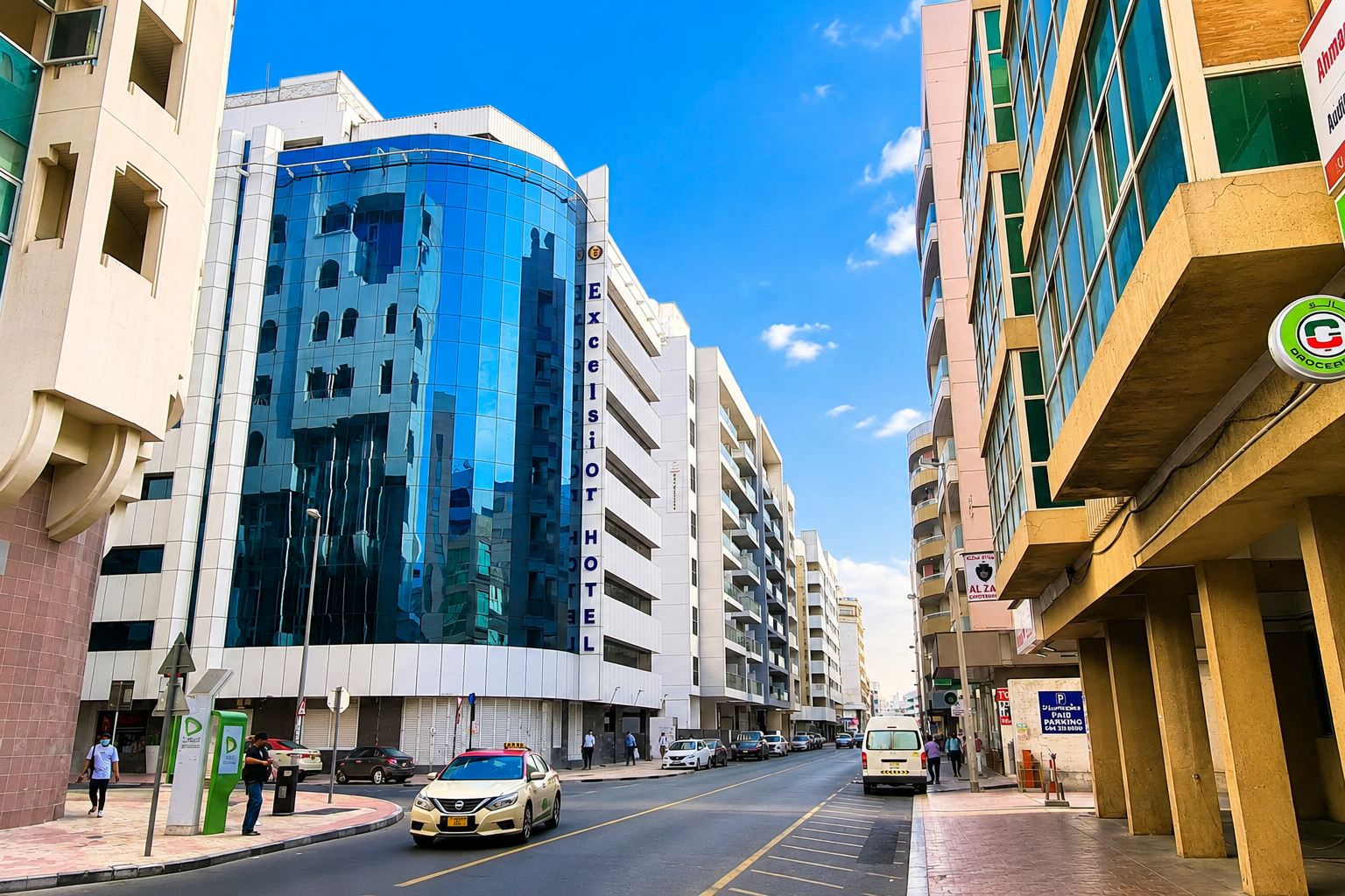 Street view of Al Muraqqabat Dubai with hotels and apartments