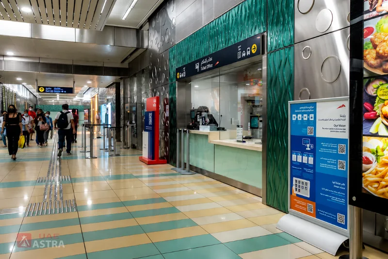 Ticket office and passenger facilities inside a Deira Metro station in Dubai