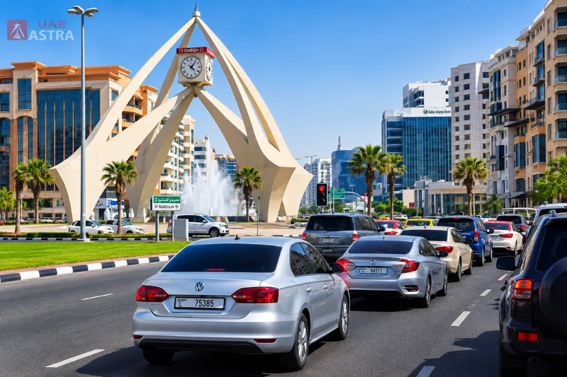 Traffic near Clock Tower Roundabout with fountain and modern skyline in Deira Dubai