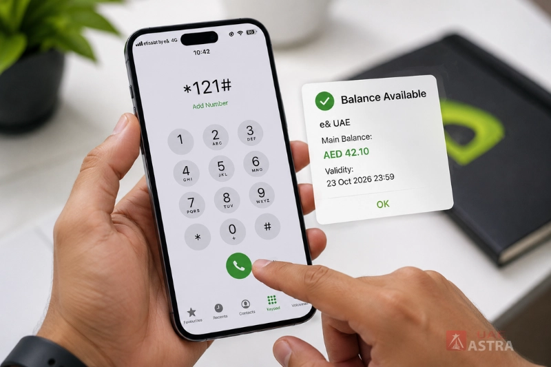 User dialing 121# on a smartphone to perform an Etisalat balance check