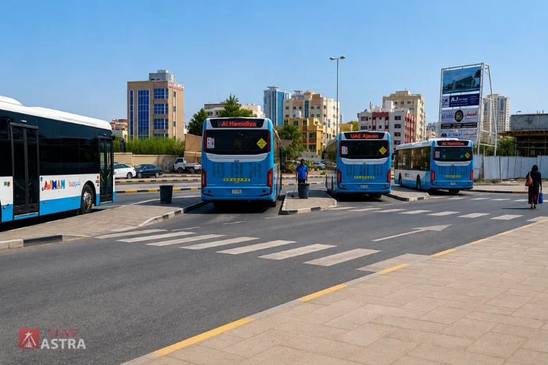 Ajman public buses serving local routes at Al Musalla Bus Station
