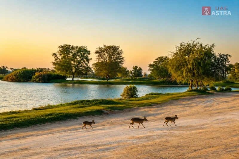 Al Qudra Lake with deer crossing the lakeside path
