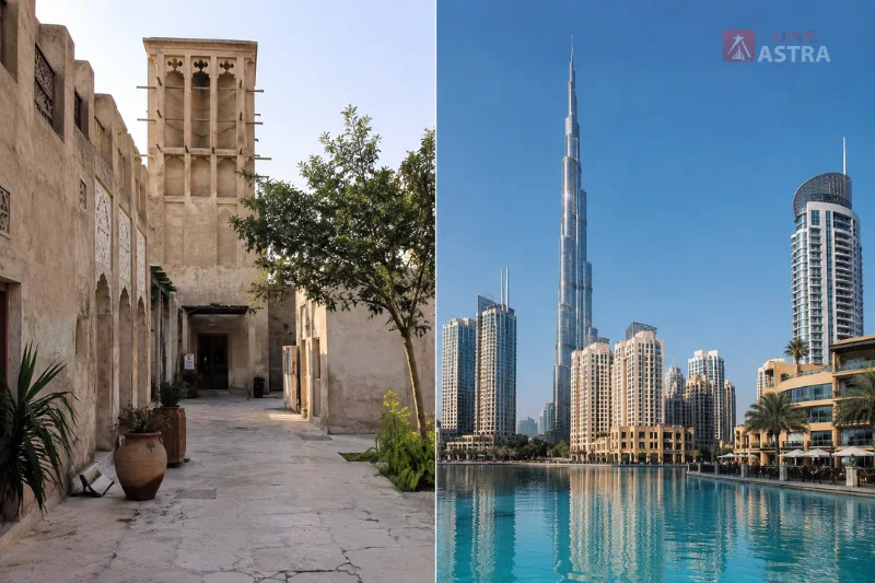 Dubai Old Village heritage and modern Dubai skyline comparison
