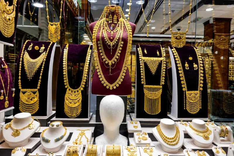 Gold jewellery display at Madinat Zayed Gold Centre