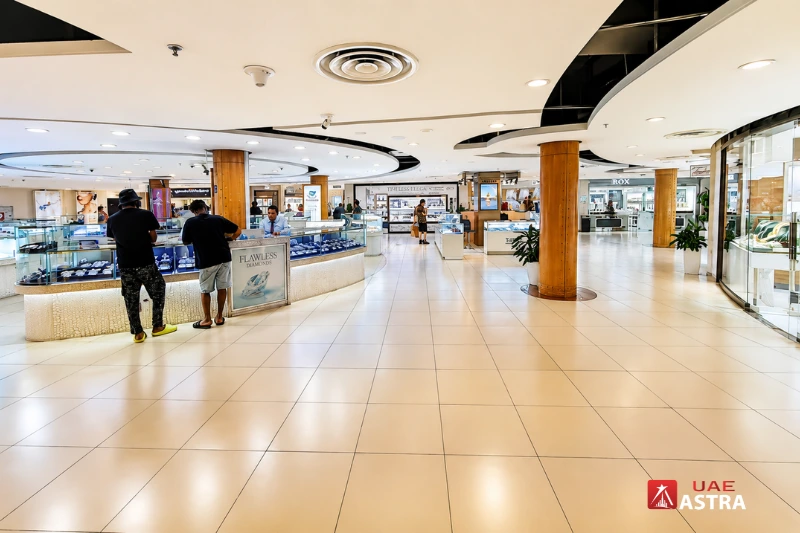 Interior jewellery shops and diamond showrooms inside Gold and Diamond Park Dubai shopping complex