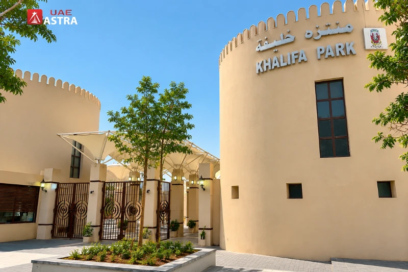 Khalifa Park Abu Dhabi entrance with landscaped gardens