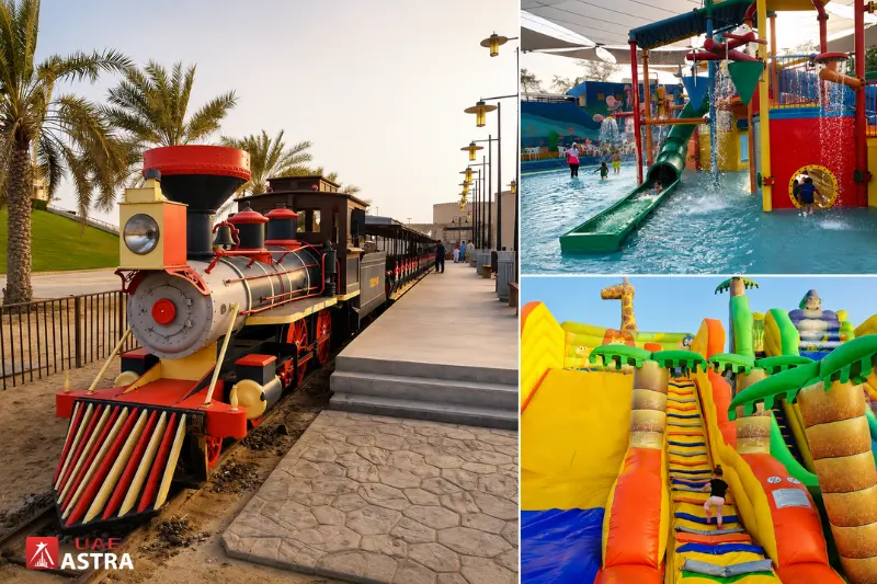 Khalifa Park family attractions with train, splash area and inflatable slides