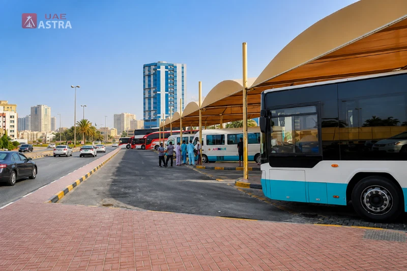 Public buses and passengers at Ajman Bus Terminals Al Musalla Station