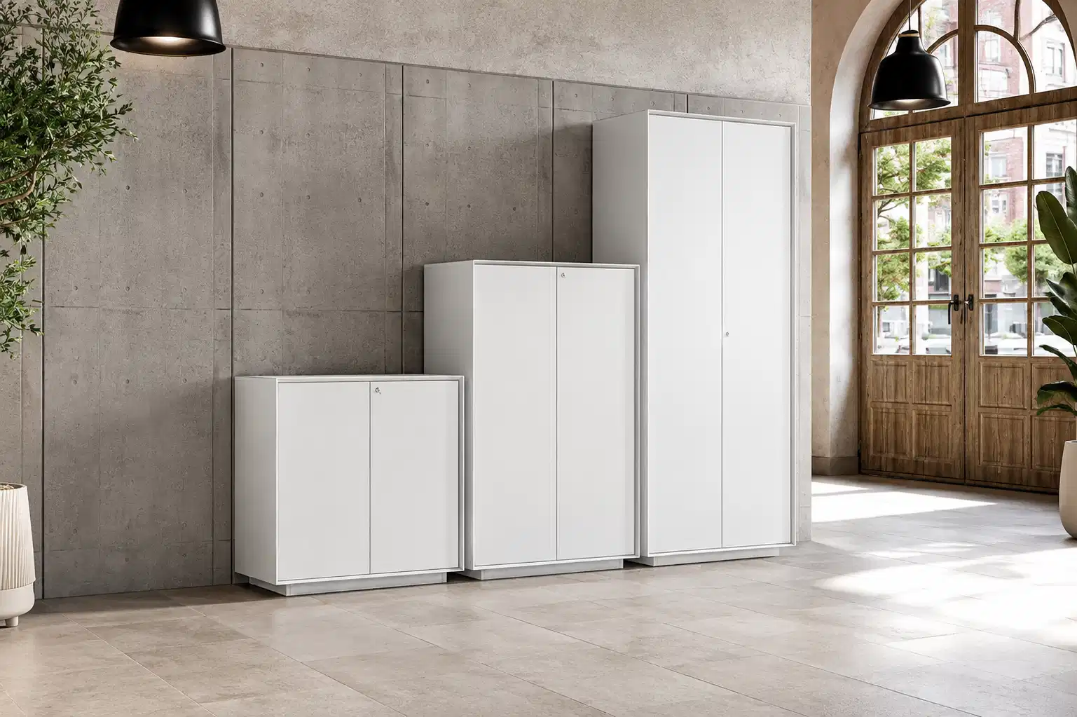 White office storage cabinets in a modern interior