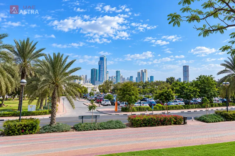 Al Mamzar Beach Park parking area and landscaped grounds
