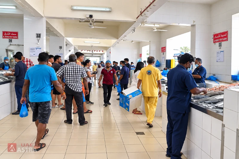Busy indoor aisle at Ajman Fish Market