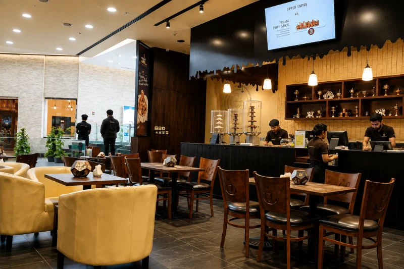 Café seating area inside J3 Mall Dubai