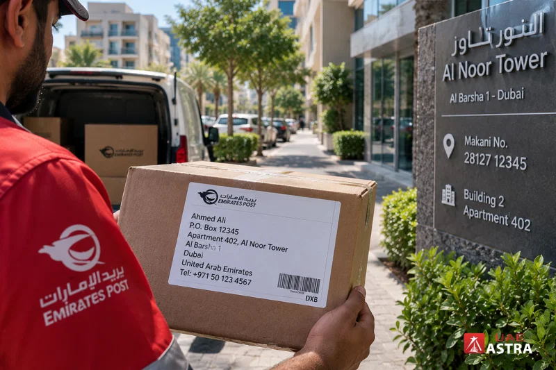 Dubai address showing a P.O. Box and physical location details