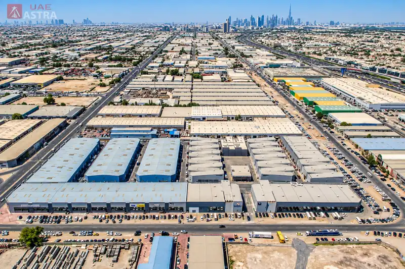 Dubai industrial district with warehouses and logistics facilities