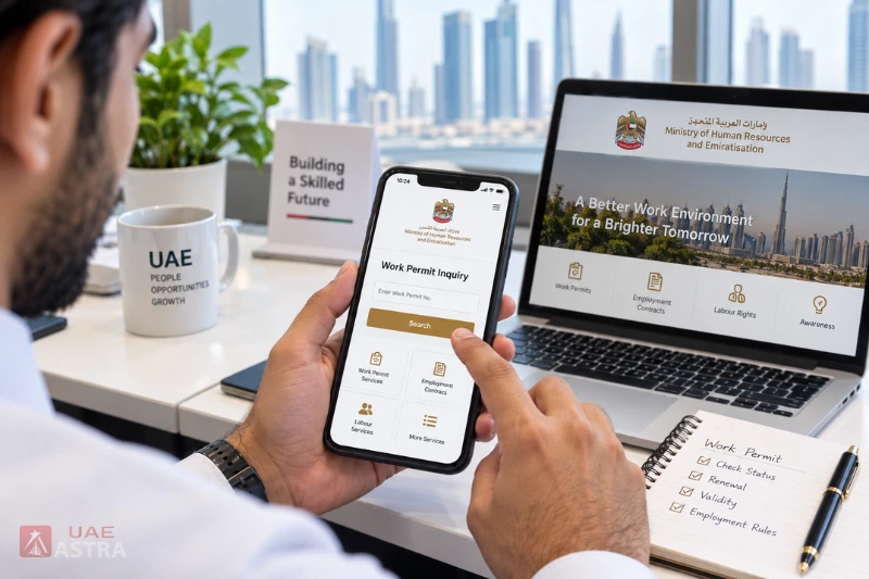Employee checking UAE work permit status through the MOHRE mobile app