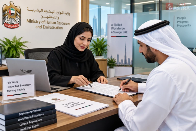 HR representative and employee reviewing employment contract and work permit documents