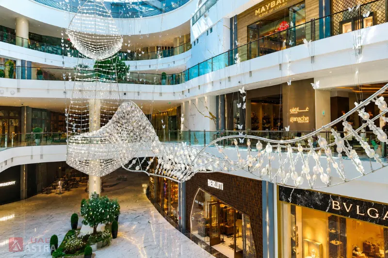 Luxury shopping mall interior with decorative lighting and designer stores
