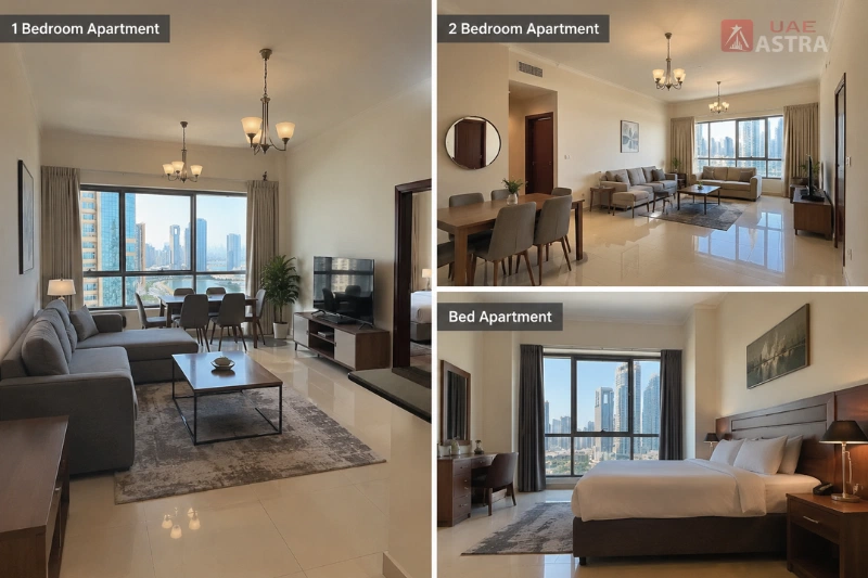 One-bedroom, two-bedroom and bedroom apartment interiors at Al Hind Tower, Sharjah