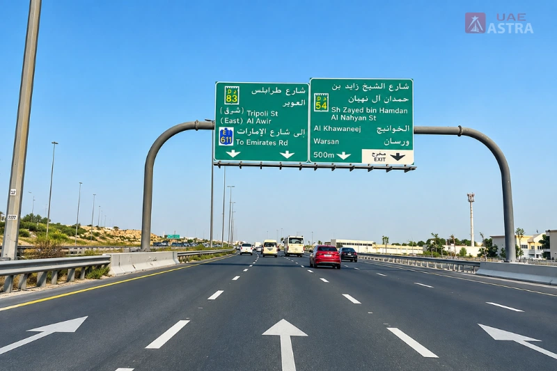 Tripoli Street Dubai with road signs for D83, Emirates Road and Sheikh Zayed Bin Hamdan Al Nahyan Street